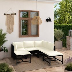 Outdoor Garden Lounge Set 7 Piece Black Poly Rattan Sofa with Padded Cushions