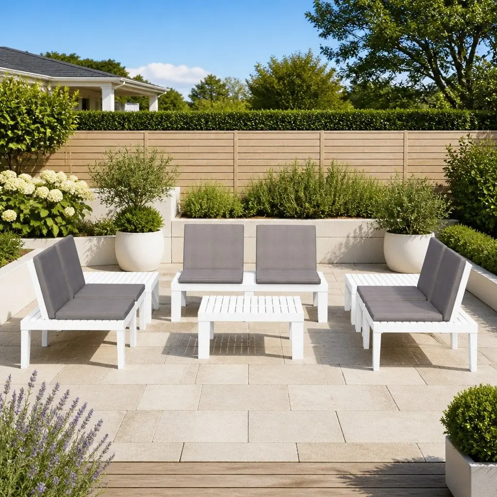 6 Piece Outdoor Lounge Set White Plastic Garden Furniture Patio Seating with