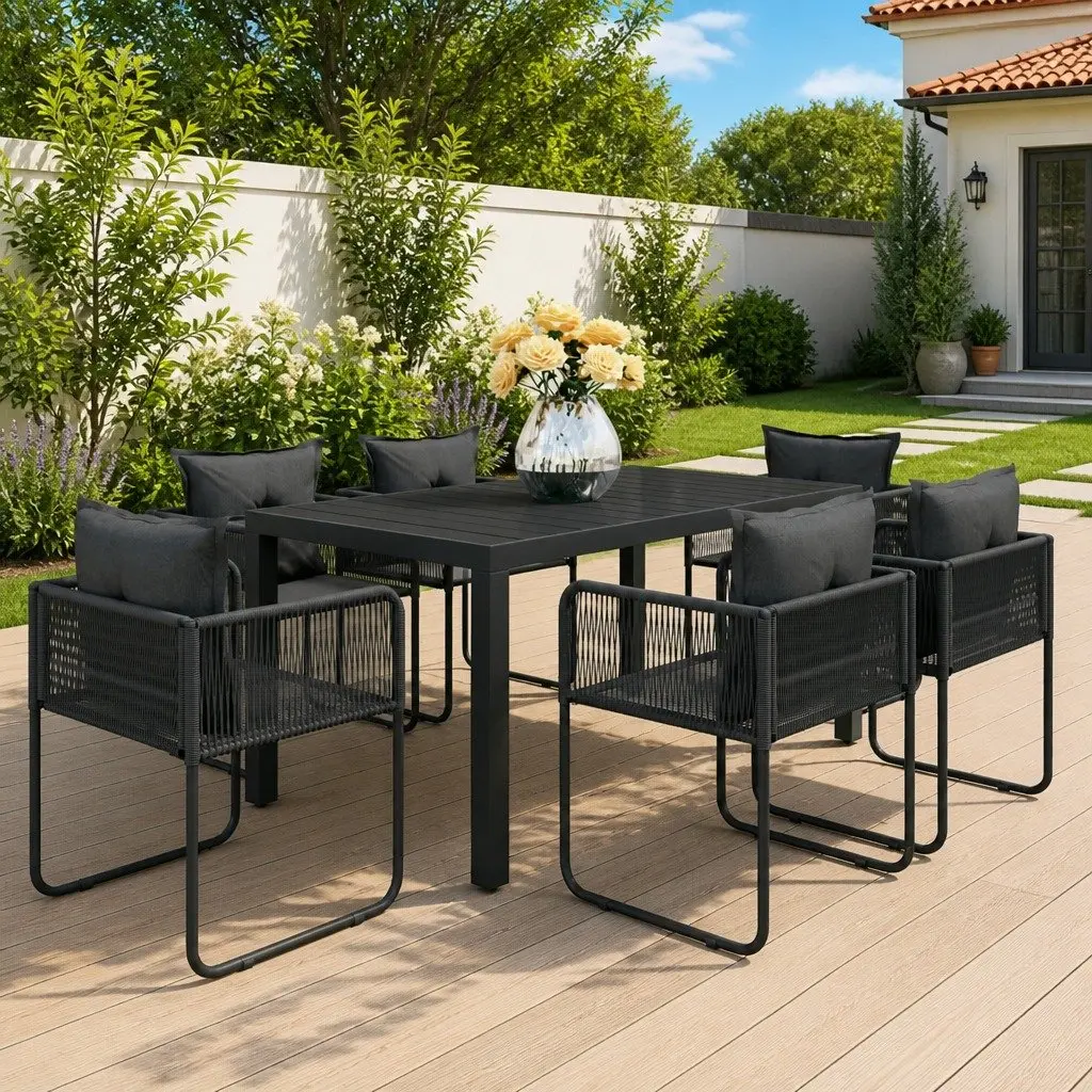 7 Piece Garden Dining Set Outdoor Patio Chair Table Rattan Black Furniture