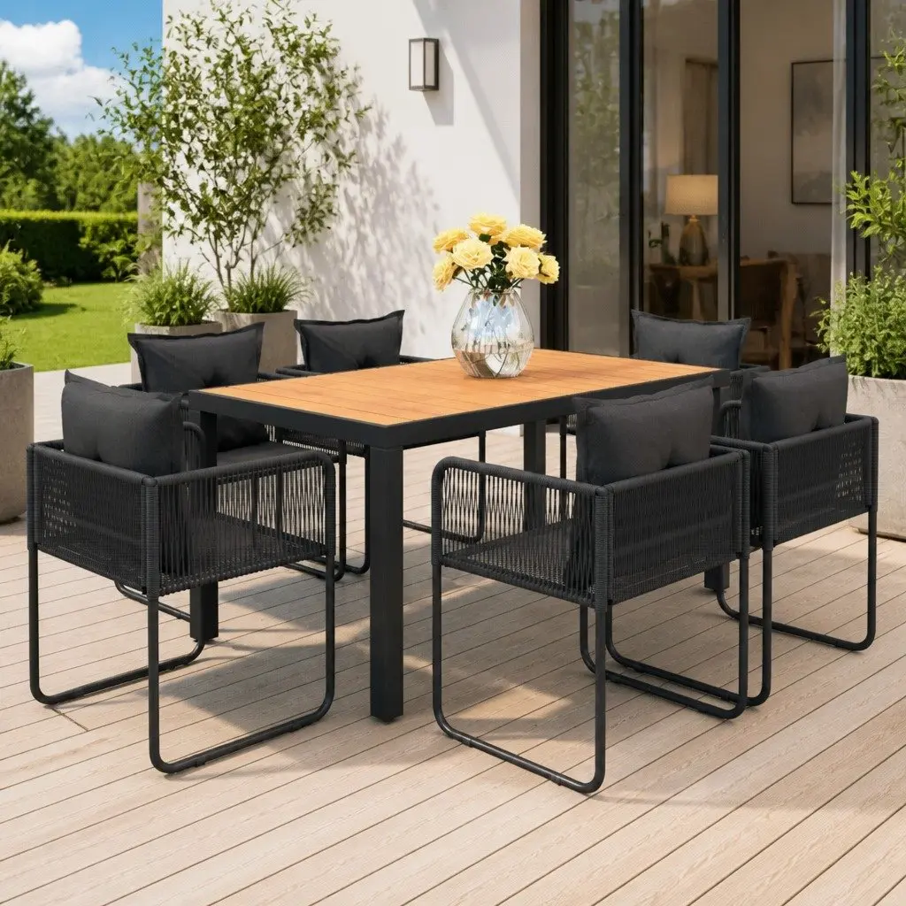 7 Piece Garden Dining Set Outdoor Furniture Aluminium Table PVC Rattan Chairs Black