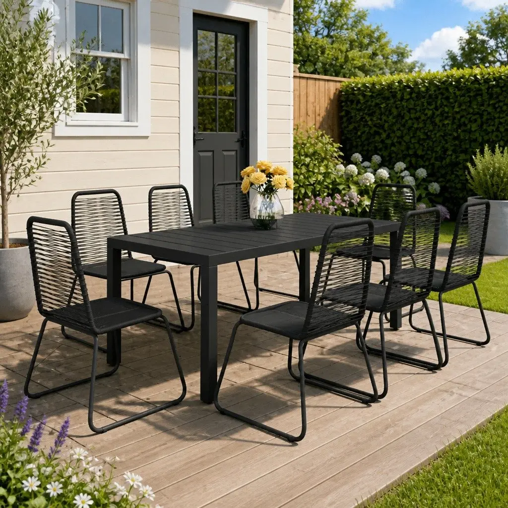 9 Piece Outdoor Dining Set PVC Rattan Chairs Aluminium Frame Table WPC Top Black