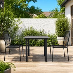 3 Piece Outdoor Dining Set Black Glass Table Steel Frame Garden Furniture