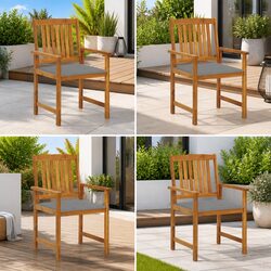Outdoor Garden Chairs Set of 4 Grey Cushions Slatted Wooden Seating