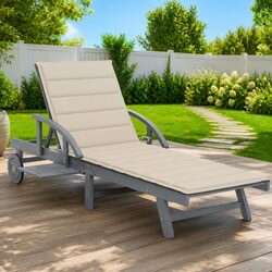 Garden Sun Lounger Wooden Lounging Chair with Cushion Adjustable Backrest Wheels