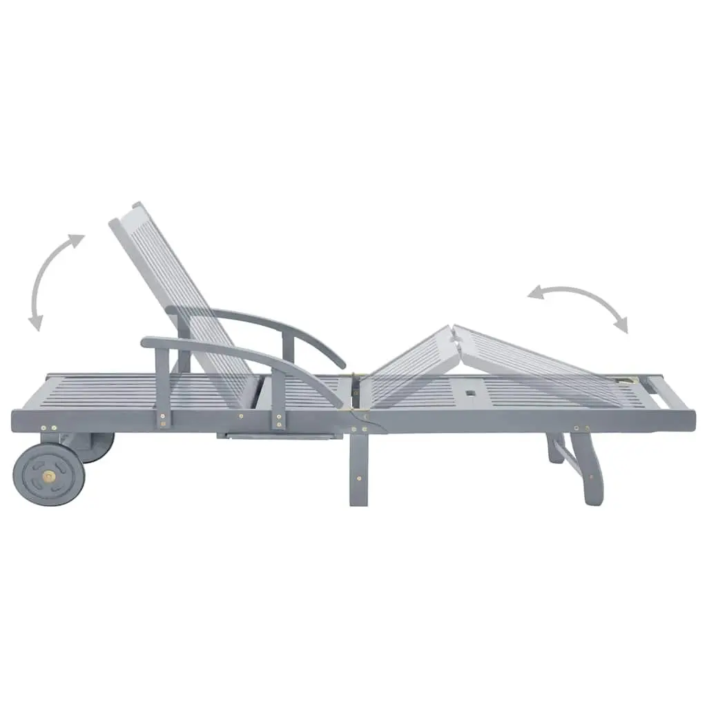 Wooden Sun Lounger Adjustable Backrest Grey with Wheels and Pull Out Table