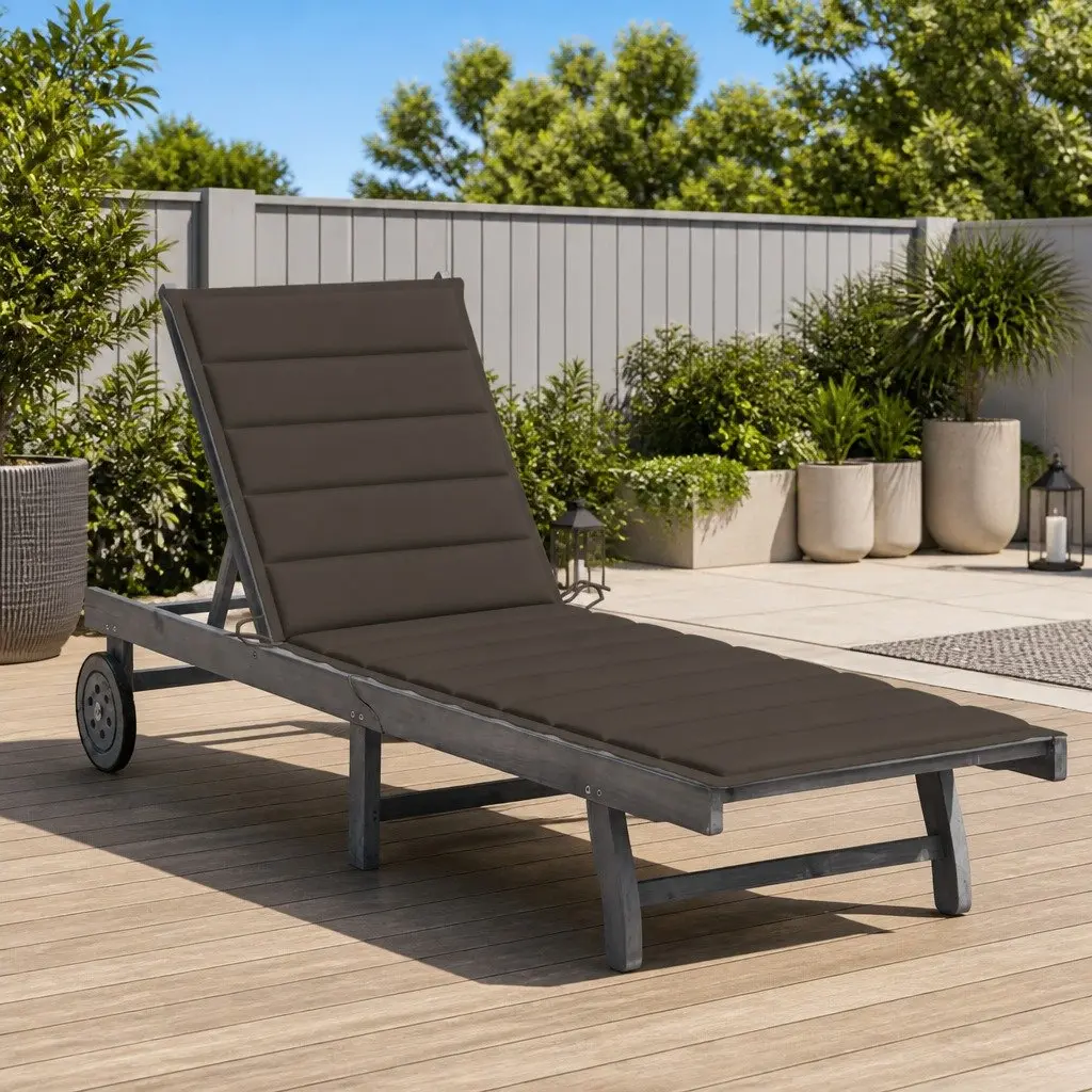 Outdoor Sun Lounger Adjustable Backrest Cushion Grey Acacia Wood Patio Furniture