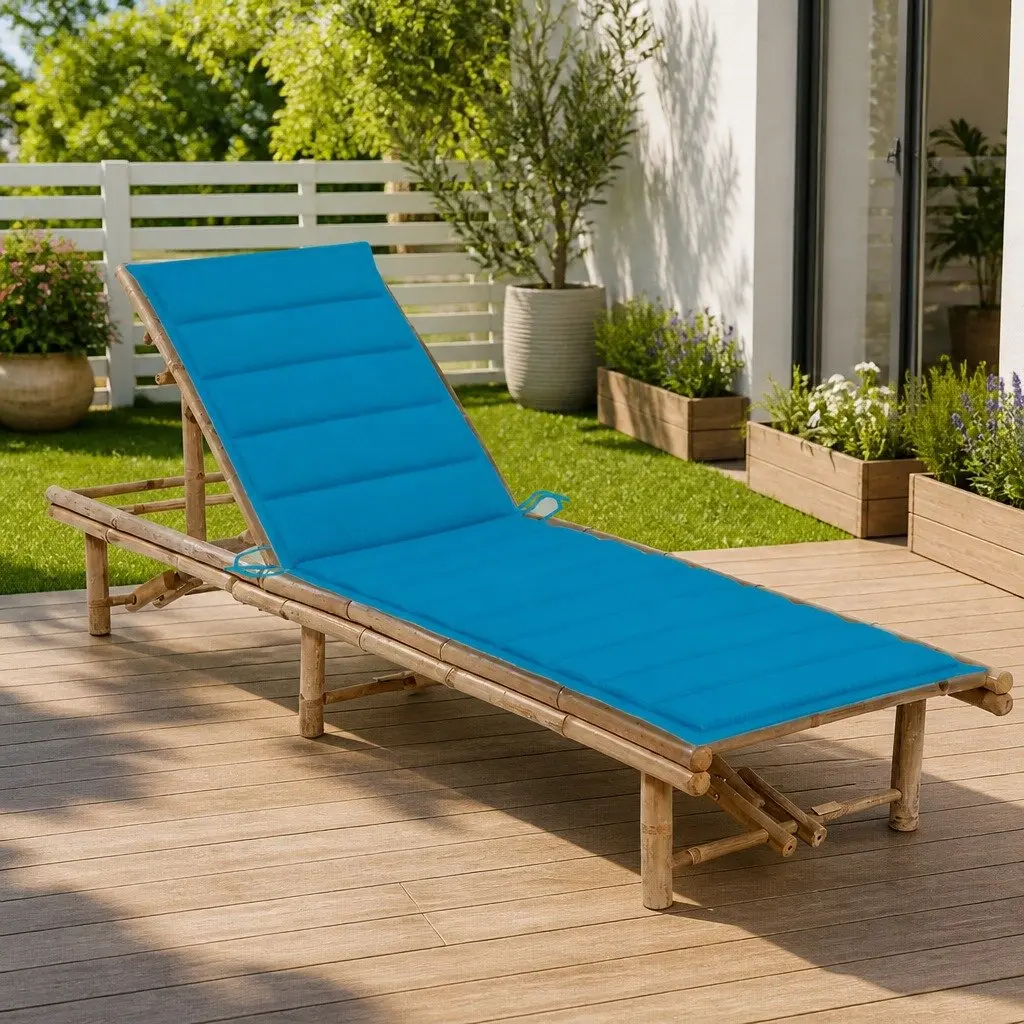 Bamboo Sun Lounger Adjustable Backrest Reclining Outdoor Chair Blue