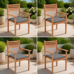 Outdoor Garden Chairs 4 Pieces Grey Cushions Teak Wood Stackable Seating