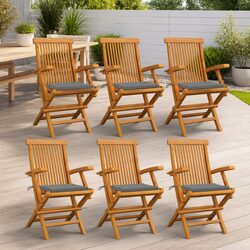 Outdoor Garden Chairs Set 6 Pieces Wooden Seat Patio Seating with Grey Cushions