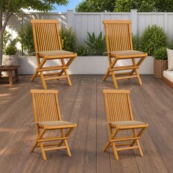 Outdoor Garden Chairs Set of 4 Folding Teak Wood Dining Seat with Beige Cushions