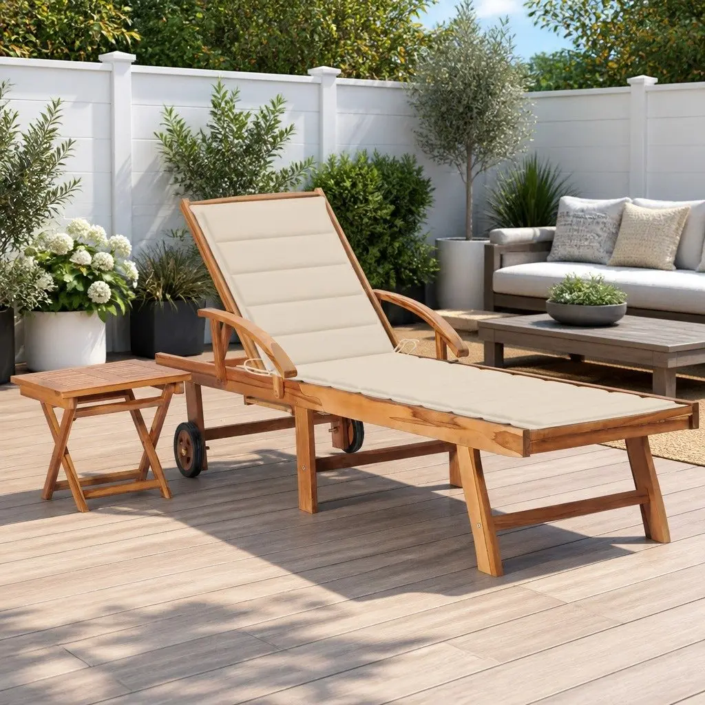 Sun Lounger Adjustable Backrest with Side Table and Cushion Cream Outdoor Garden