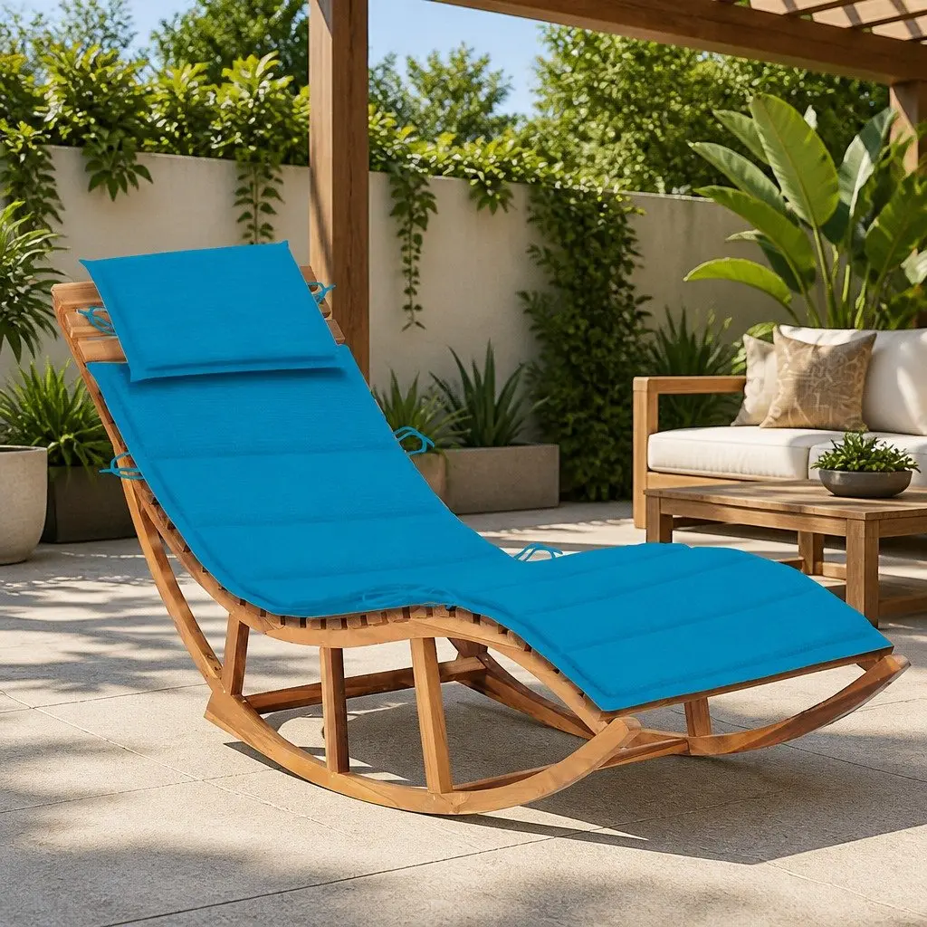 Rocking Sun Lounger with Cushion Teak Wood Blue Outdoor Garden Patio Furniture