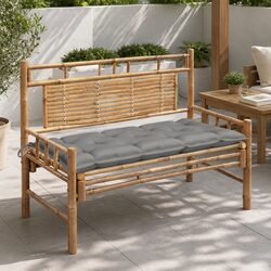 Garden Bench with Backrest 120cm Bamboo Outdoor Seating with Grey Cushion