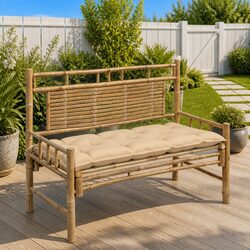 Outdoor Garden Bench 120cm Bamboo Backrest Seat with Beige Cushion Patio