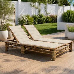 2-Person Sun Lounger Bamboo Garden Outdoor Seating Sunbed Adjustable Recliner