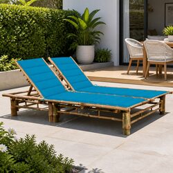 2-Person Sun Lounger Bamboo Garden Outdoor Seating Adjustable Reclining Lounger