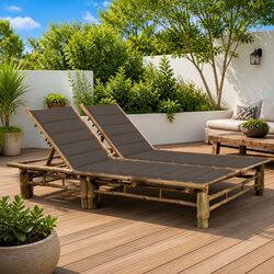 2-Person Sun Lounger Bamboo Outdoor Seating with Adjustable Backrest Cushions