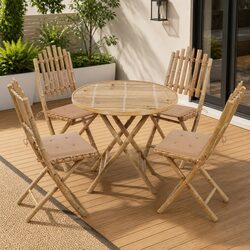 Folding Outdoor Dining Set 5 Piece Bamboo Garden Table Chairs with Cushions