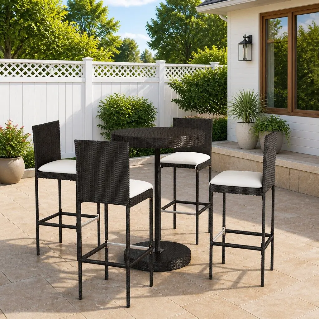 5 Piece Garden Bar Set with Cushions Round Table and Stools Powder-Coated Steel Frame PE Rattan Black