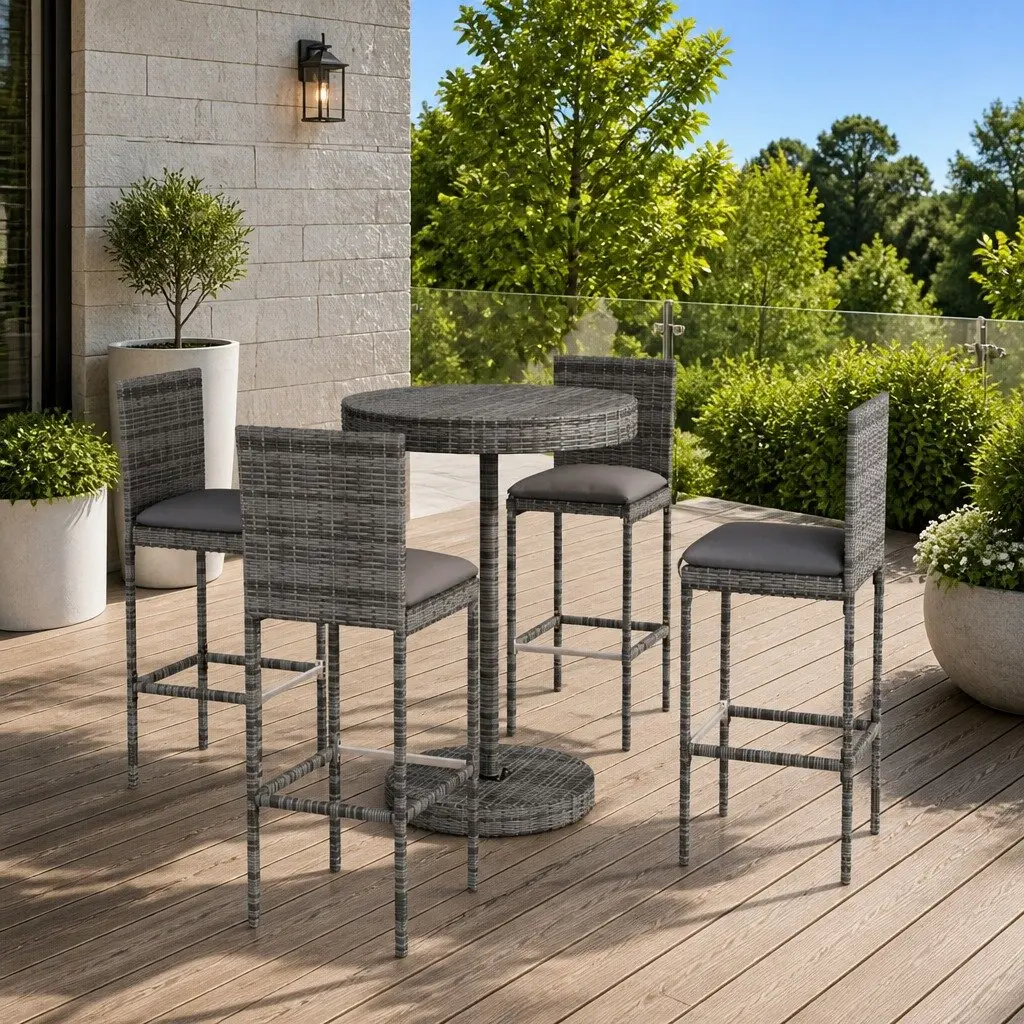 5 Piece Garden Bar Set with Cushions Round Table Stools Powder-coated Steel PE Rattan Grey