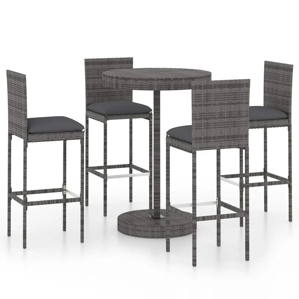 5 Piece Garden Bar Set with Cushions Round Table Stools Powder-coated Steel PE Rattan Grey