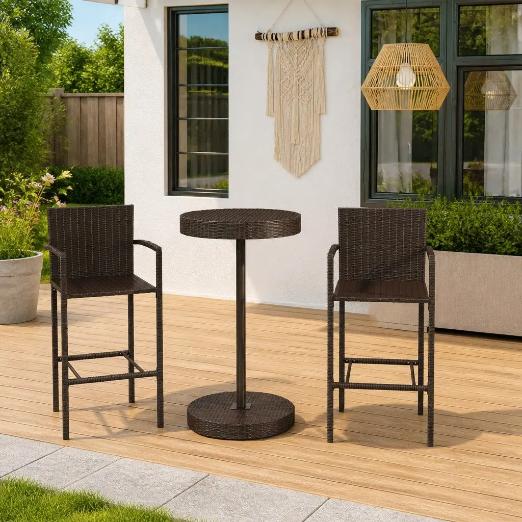 3 Piece Garden Bar Set Poly Rattan Outdoor Bar Table Stools Patio Furniture