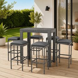 7 Piece Garden Bar Set Grey Poly Rattan Outdoor Furniture with Cushions Stools