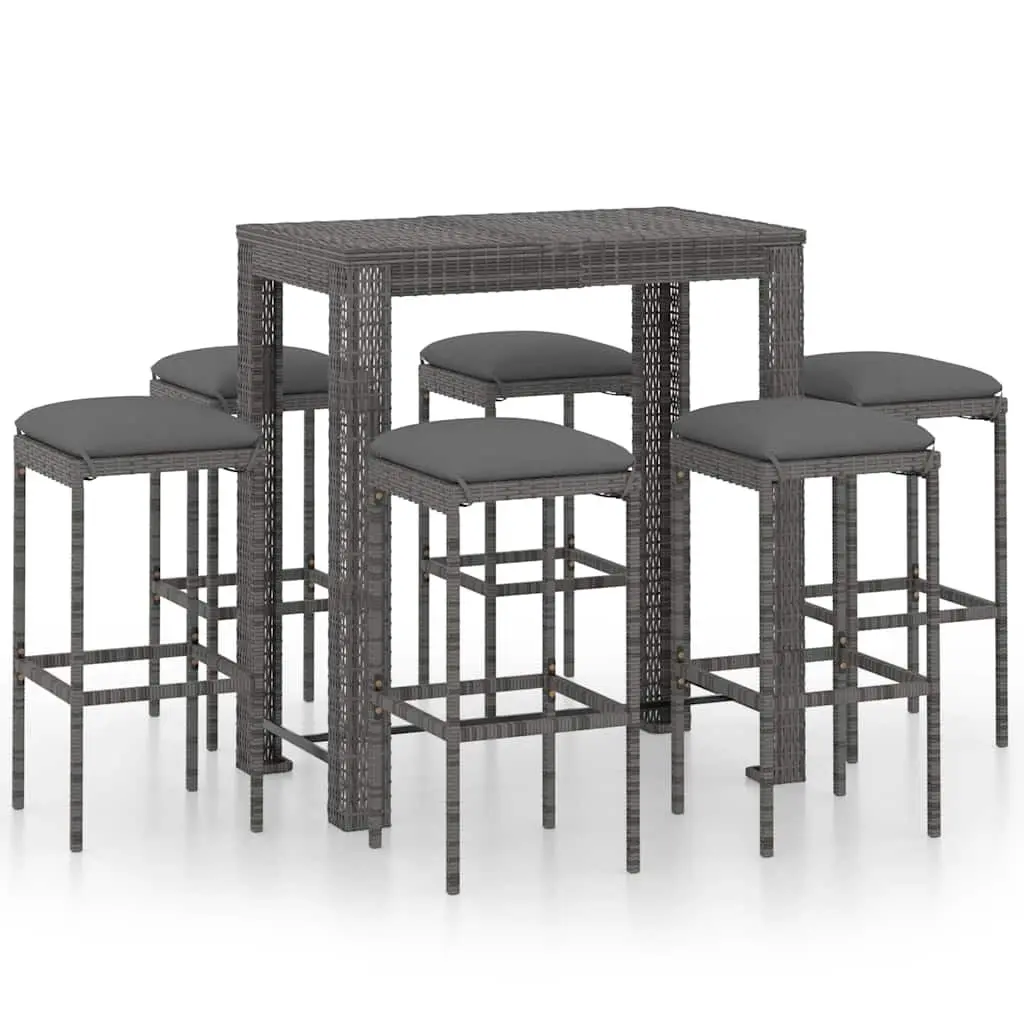 Garden Bar Set 7 Piece Poly Rattan Outdoor Bar Table Stools Cushions Grey