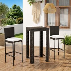 3 Piece Outdoor Bar Set Black PE Rattan Stools Table with Cushions Garden
