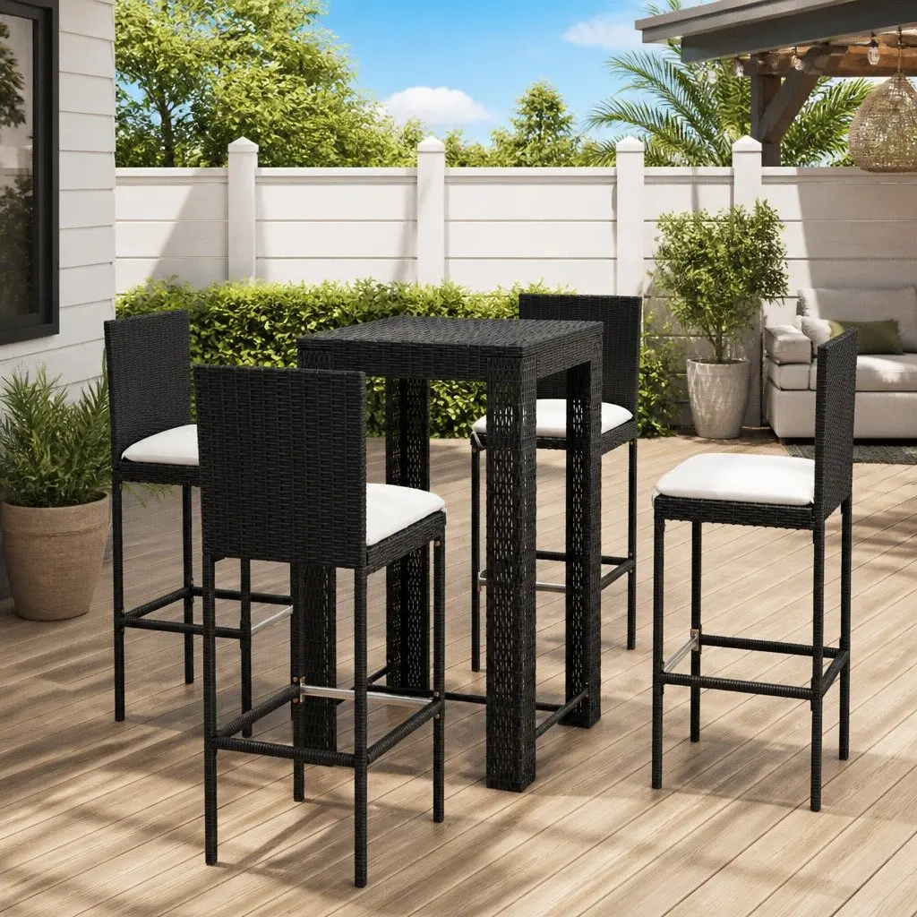 Outdoor Bar Set 5 Piece with Cushions Poly Rattan Garden Bar Table Stools Black