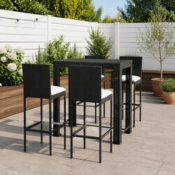 Outdoor Bar Set 5 Piece Garden Furniture Black Poly Rattan Stools Cushions