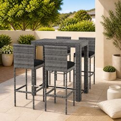 5 Piece Outdoor Bar Set Grey Poly Rattan Stools Cushions Garden Furniture