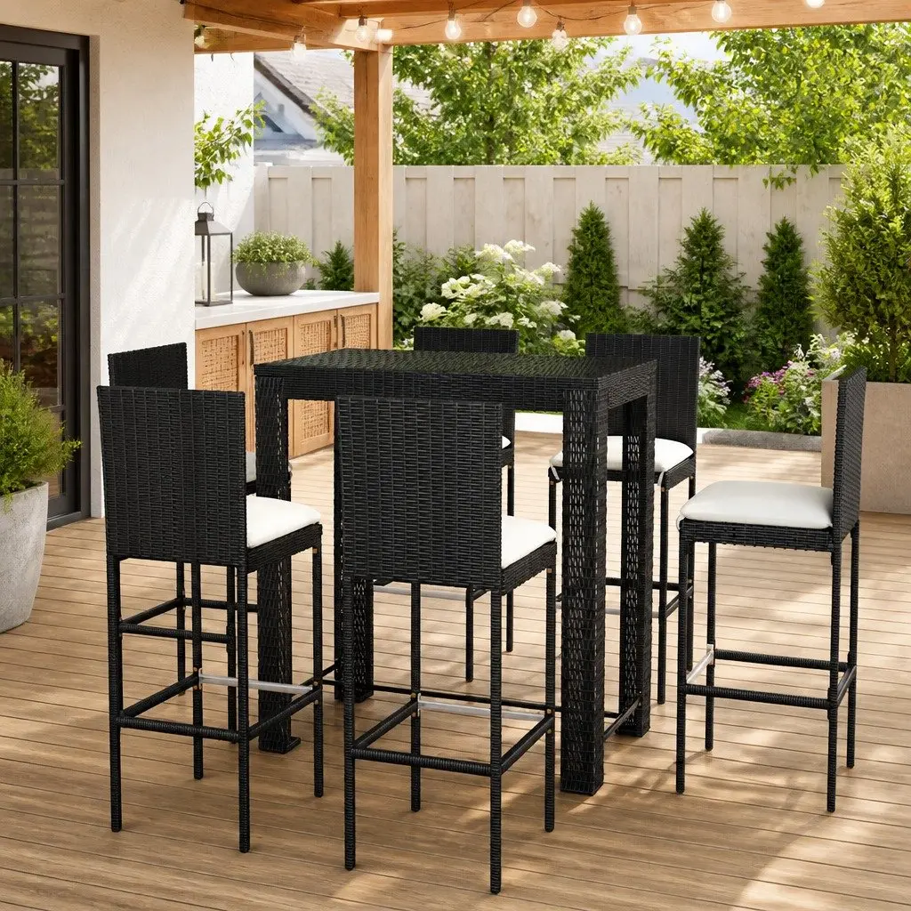 7 Piece Outdoor Bar Set with Cushions Poly Rattan Garden Bar Table Stools Black