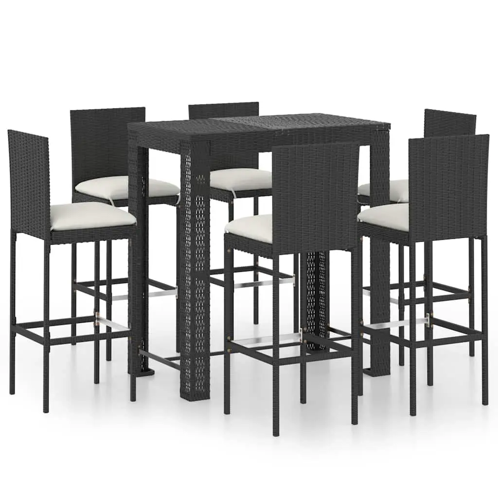 7 Piece Outdoor Bar Set with Cushions Poly Rattan Garden Bar Table Stools Black
