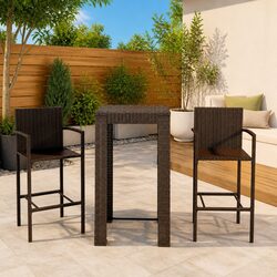 3 Piece Outdoor Bar Set with Armrest Weather Resistant Poly Rattan Brown Garden