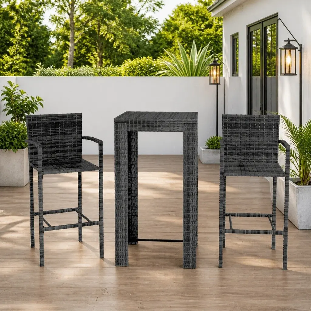 3 Piece Outdoor Bar Set Poly Rattan Grey Garden Bar Table Stools with Armrest