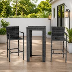 Outdoor Bar Set 3 Piece Grey Poly Rattan Stools Garden Furniture Patio Armrest