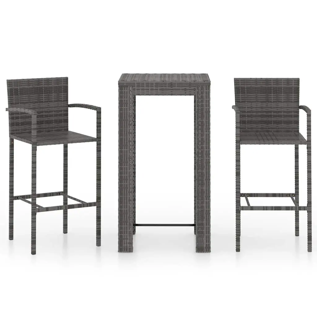 3 Piece Outdoor Bar Set Poly Rattan Grey Garden Bar Table Stools with Armrest
