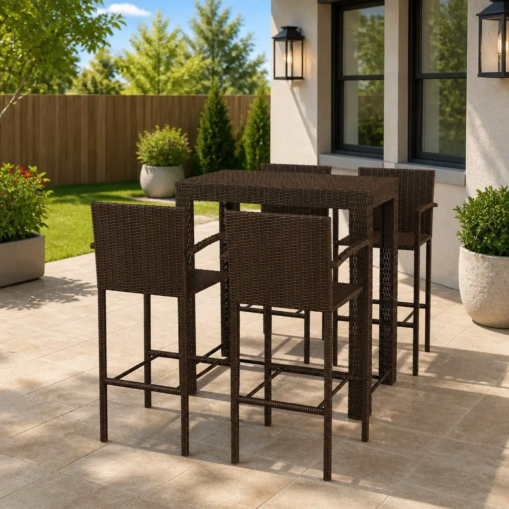 Outdoor Bar Set 5 Piece with Armrest Poly Rattan Garden Patio Bar Table Stools