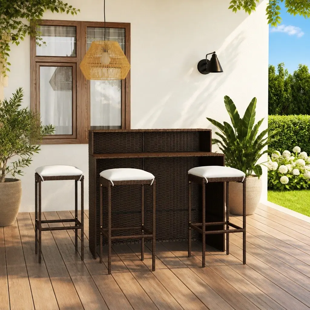 Garden Bar Set 4 Piece Outdoor Patio Furniture with Cushions Brown Rattan