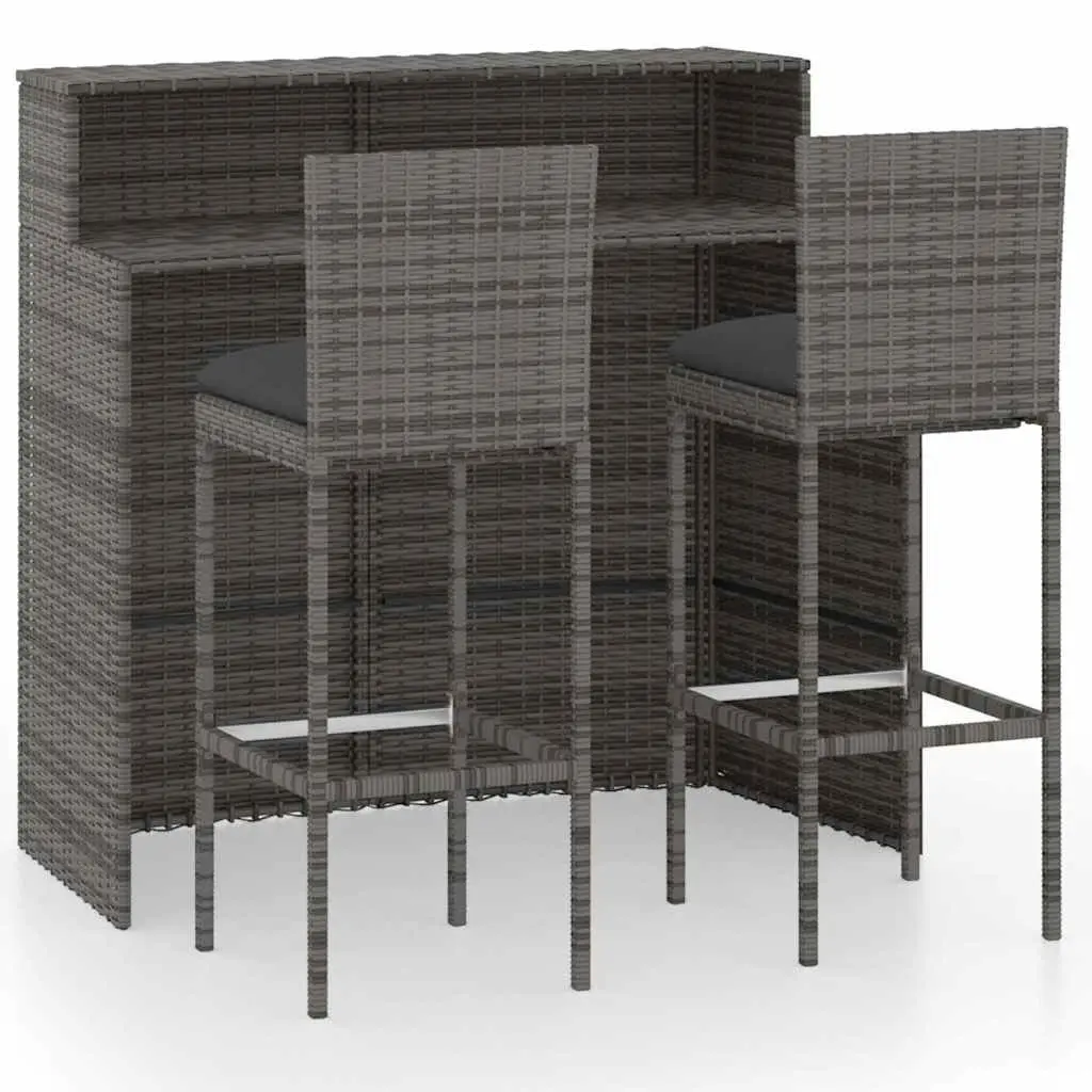 3 Piece Garden Bar Set Weather-resistant PE Rattan Grey with Cushions