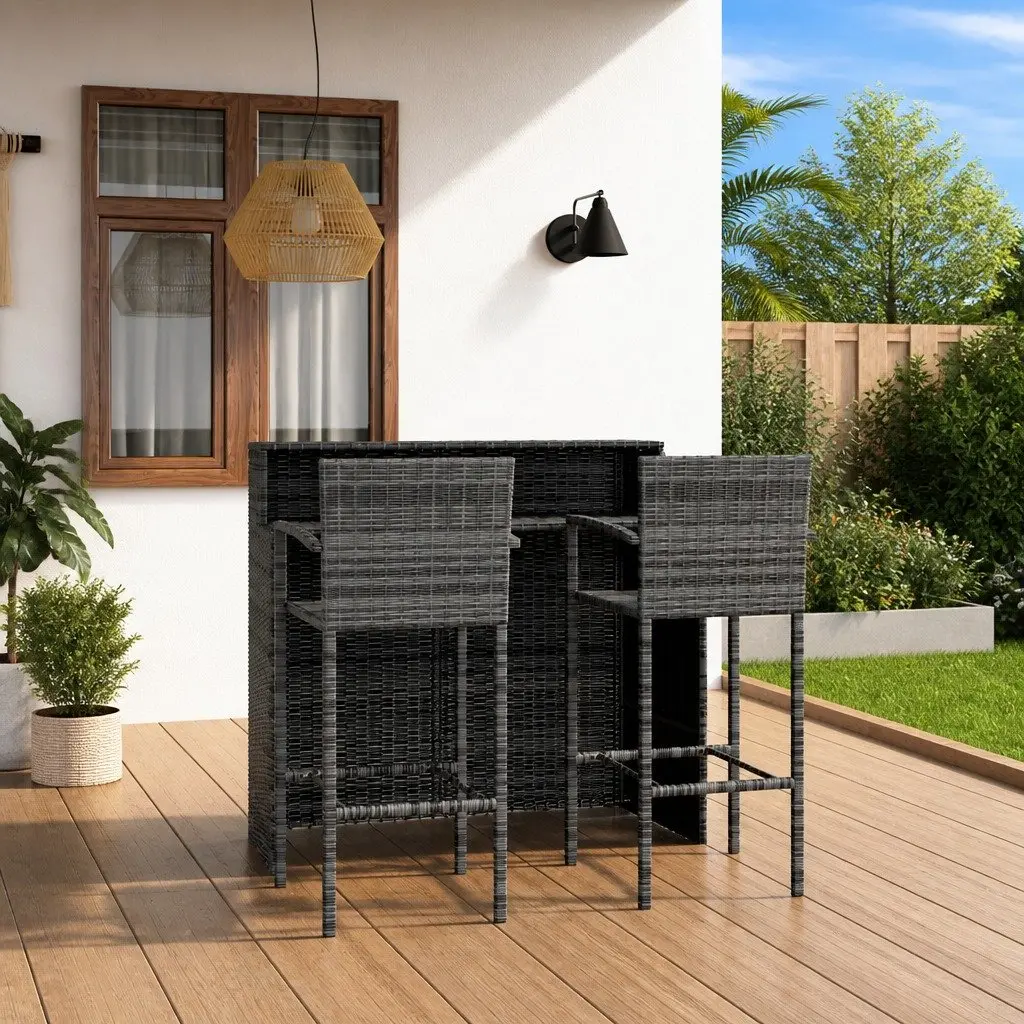 3 Piece Garden Bar Set Grey Outdoor Patio Furniture Rattan Stool Table