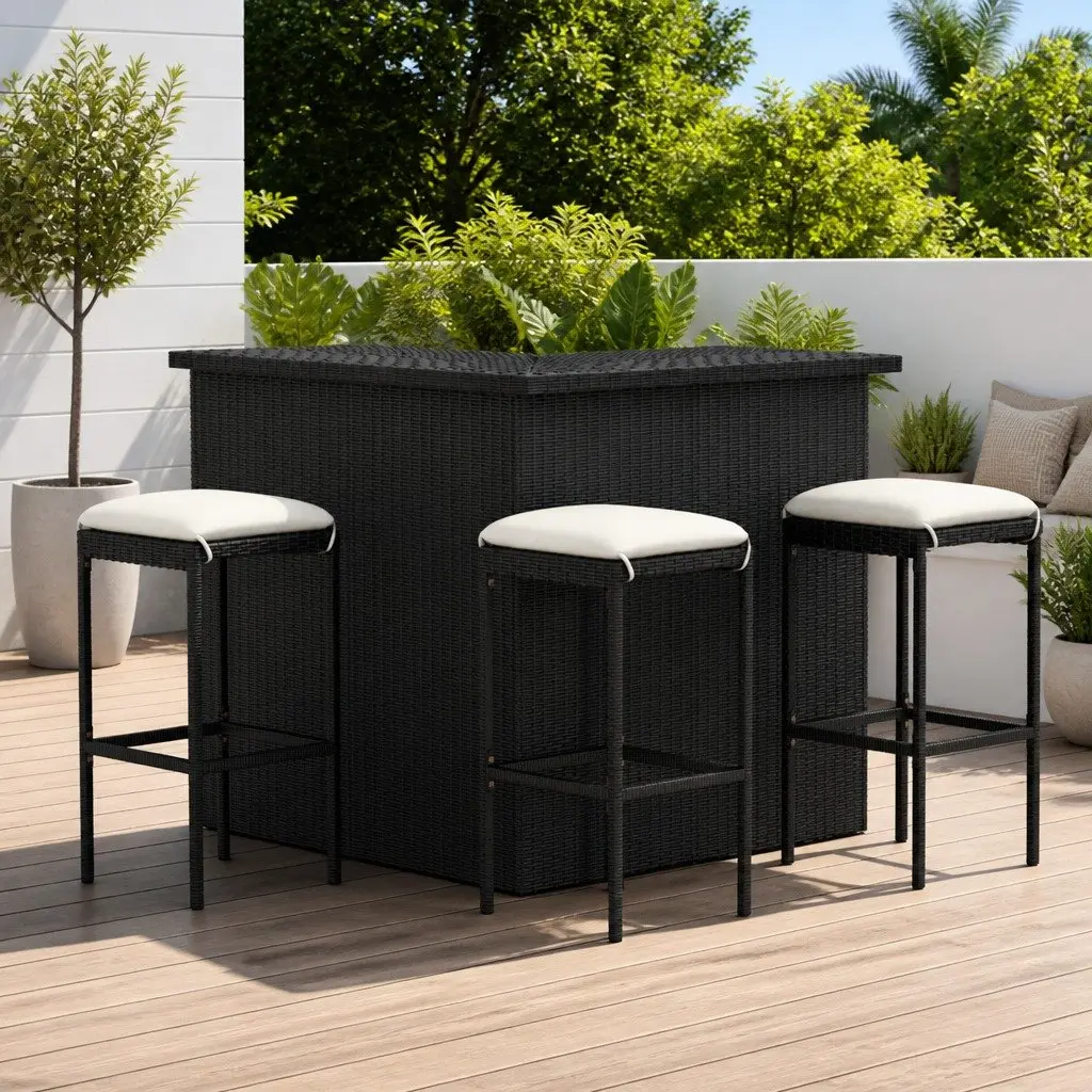 Garden Bar Set 4 Piece Outdoor Furniture Weather-resistant Poly Rattan Patio Dining with Cushions Black