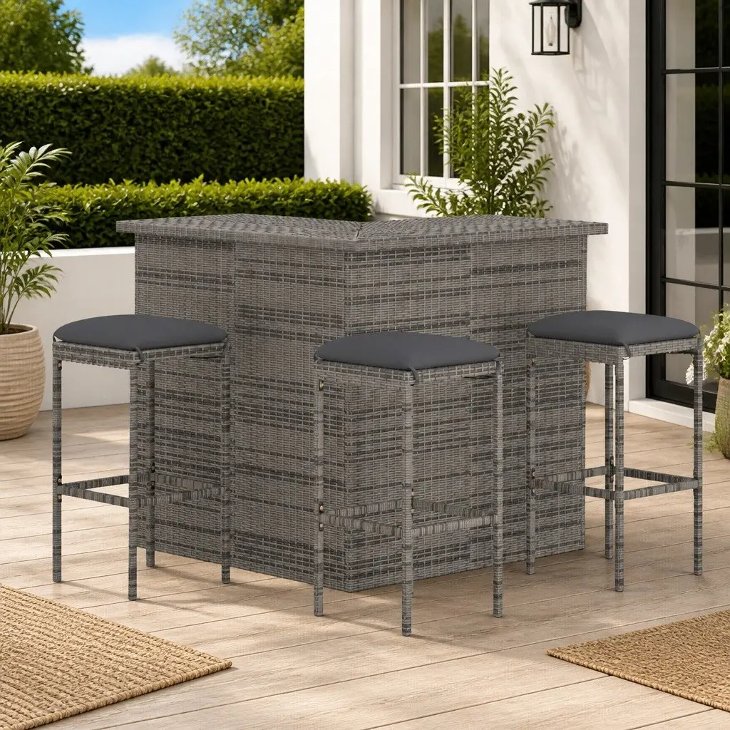 Garden Bar Set 4 Piece Grey Poly Rattan Patio Furniture with Seat Cushions