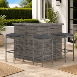 Garden Bar Set 4 Piece Grey Poly Rattan Patio Furniture with Seat Cushions
