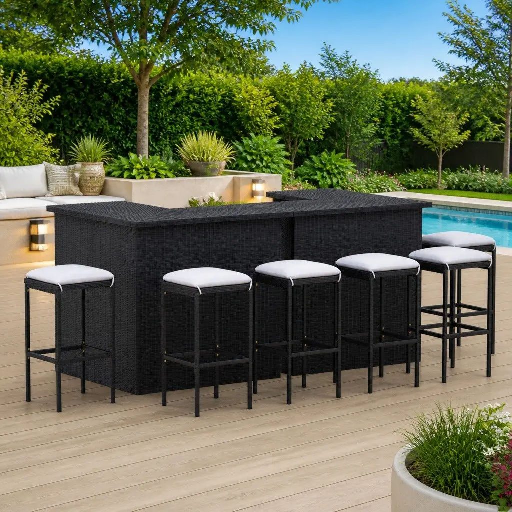 Garden Bar Set 8 Piece Outdoor Patio Furniture with Cushions Black Rattan