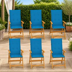Outdoor Garden Chairs Set 6 pcs Teak Wood Reclining Seating Blue Cushions