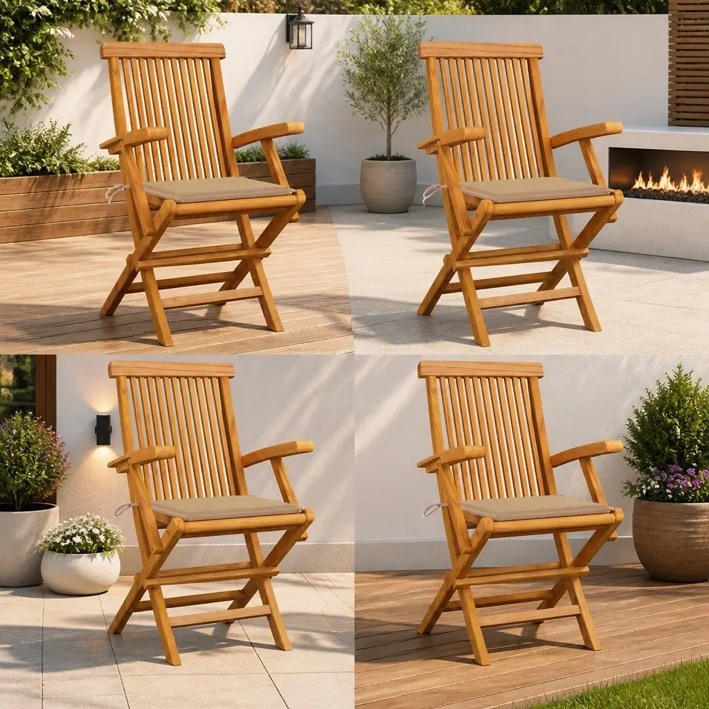 Outdoor Garden Chairs Set Teak Wood Folding with Beige Cushions 4 Piece