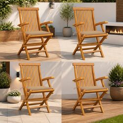 Outdoor Garden Chairs Set 4 pcs Teak Wood Folding with Beige Cushions Patio