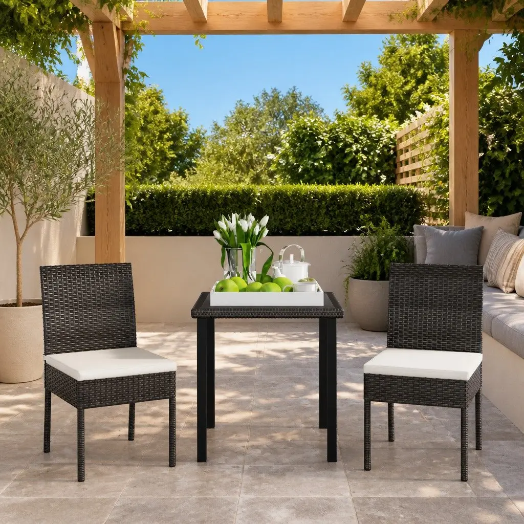 3 Piece Outdoor Garden Dining Set Steel Frame Weather Resistant PE Rattan Black